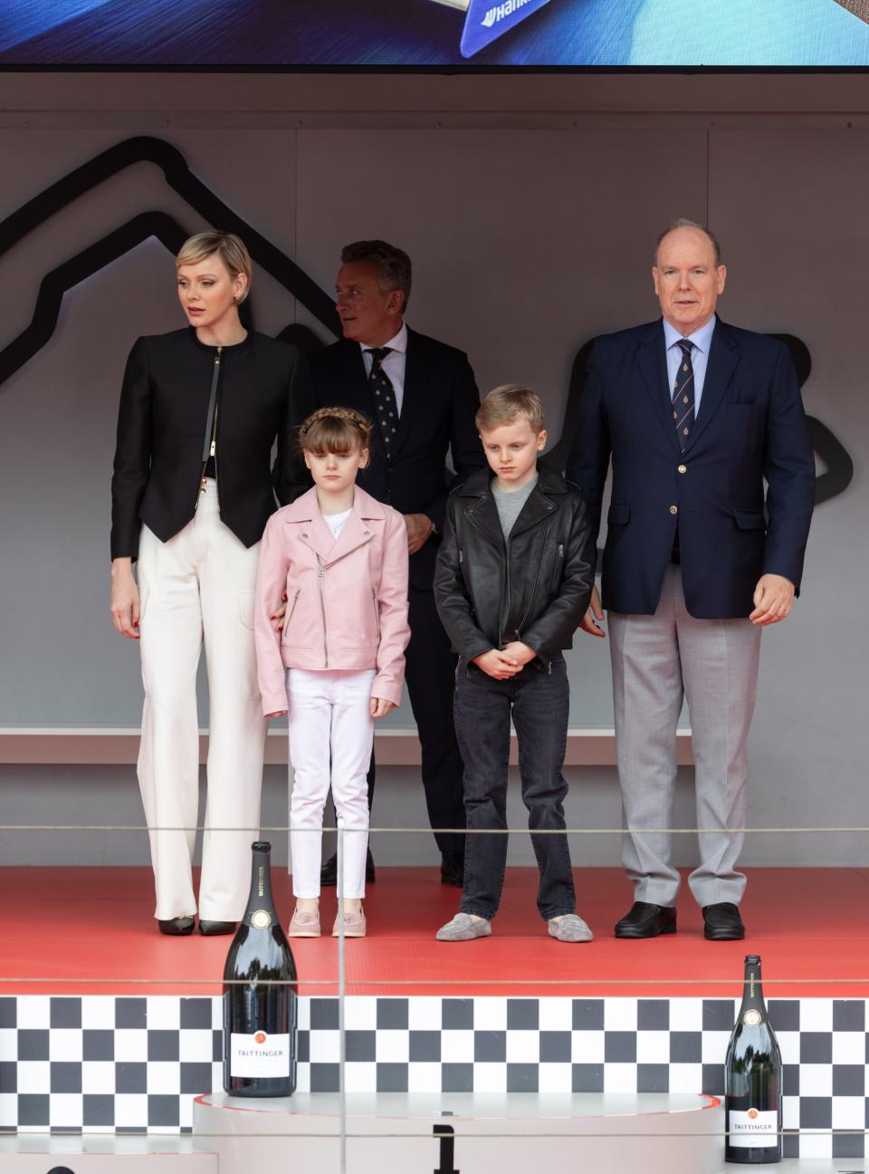 Princess Charlene of Monaco, Princess Gabriella of Monaco, Prince Jacques of Monaco and Prince Albert II of Monaco attend the 2024 Monaco E-Prix at Circuit de Monaco on April 27.