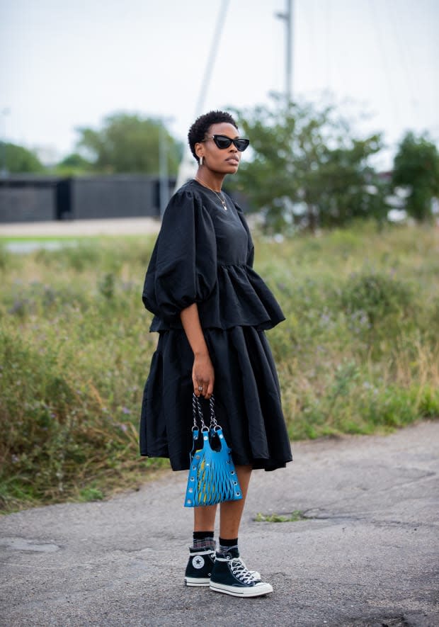 <em>Donna Wallace wearing a Cecilie Bahnsen dress during Copenhagen Fashion Week in August 2019.</em>