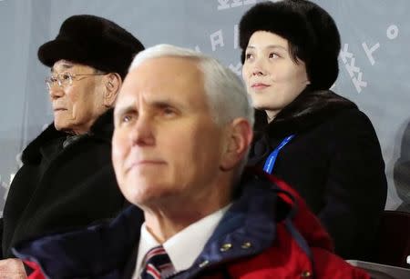 U.S. Vice President Mike Pence, North Korea's nominal head of state Kim Yong Nam, and North Korean leader Kim Jong Un's younger sister Kim Yo Jong attend the Winter Olympics opening ceremony in Pyeongchang, South Korea February 9, 2018. Yonhap via REUTERS