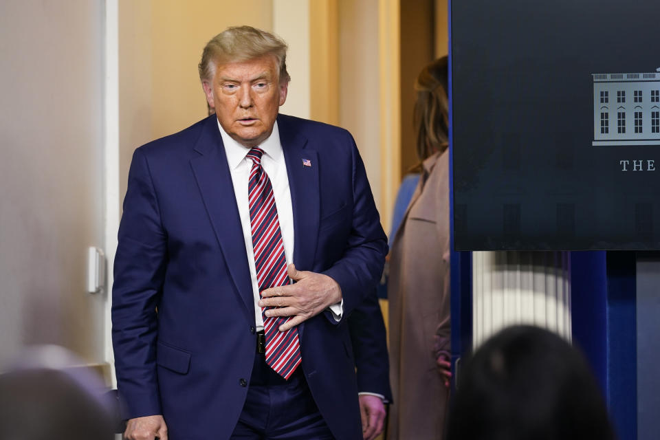 President Donald Trump arrives to speak at a news conference in the briefing room at the White House in Washington, Friday, Nov. 20, 2020. (AP Photo/Susan Walsh)