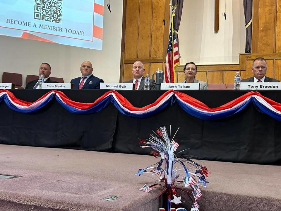 The five Republican candidates for York County sheriff at a forum May 18, 2024 in Rock Hill, South Carolina. From left to right are Heath Clevenger, Chris Blevins, Michael Belk, Beth Tolson, and Tony Breeden. The Republican primary is June 11.