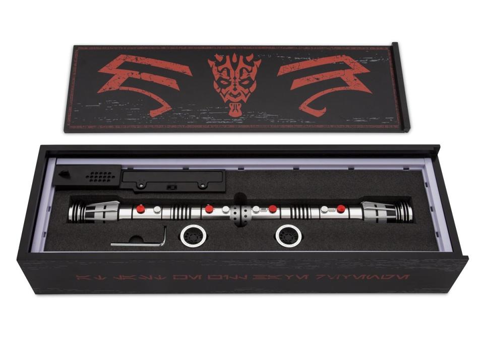 The limited edition Darth Maul Legacy Lightsaber display box, open with sabers.