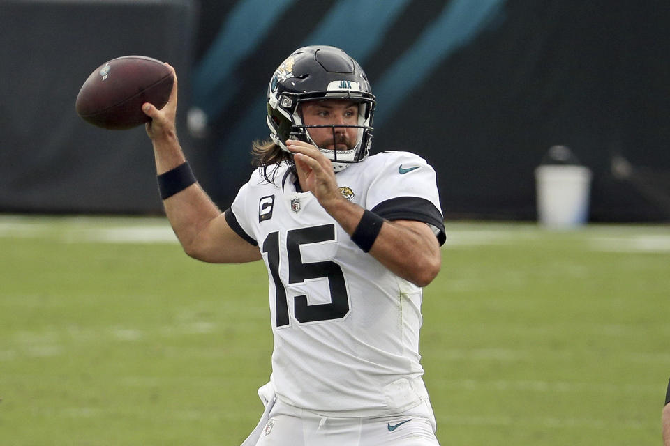 Jacksonville Jaguars quarterback Gardner Minshew (15) throws a pass against the Indianapolis Colts during the first half of an NFL football game, Sunday, Sept. 13, 2020, in Jacksonville, Fla. (AP Photo/Stephen B. Morton)