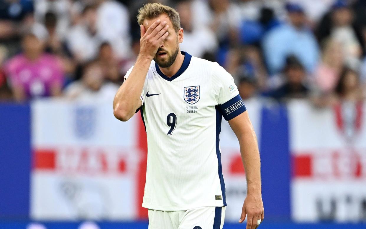 Harry Kane of England looks dejected during the UEFA EURO 2024 round of 16 match between England and Slovakia