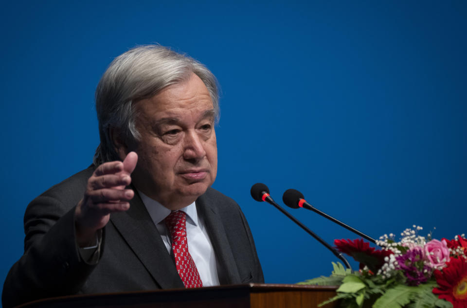 U.N. Secretary-General António Guterres, addresses the Nepalese Parliament in Kathmandu, Nepal, Tuesday, Oct. 31, 2023. (AP Photo/Niranjan Shrestha)