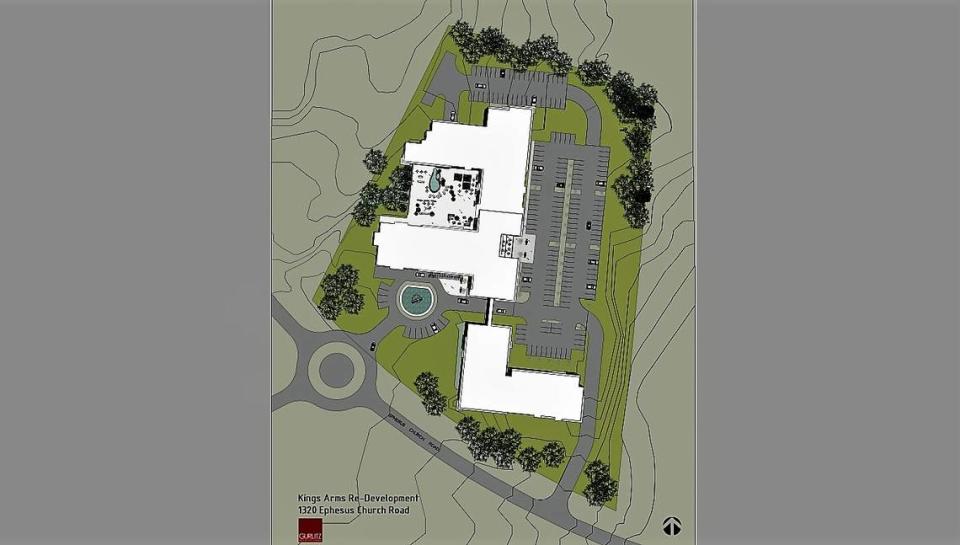 A proposed site plan shows the Reserve at Chapel Hill with an existing entrance off Ephesus Church Road. The entrance would lead to parking behind the building, which could be up to five stories and include 212 apartments.