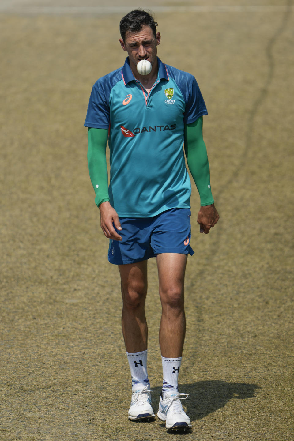 Australia's Mitchell Starc bowls in the nets ahead of their first one-day international match with India in Mohali, India, Thursday, Sept. 21, 2023. (AP Photo/Altaf Qadri)