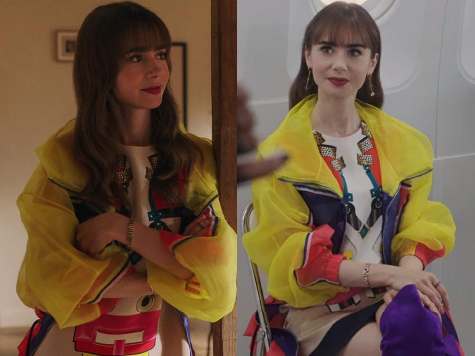 Lily Collins wearing a bold print on "Emily In Paris."