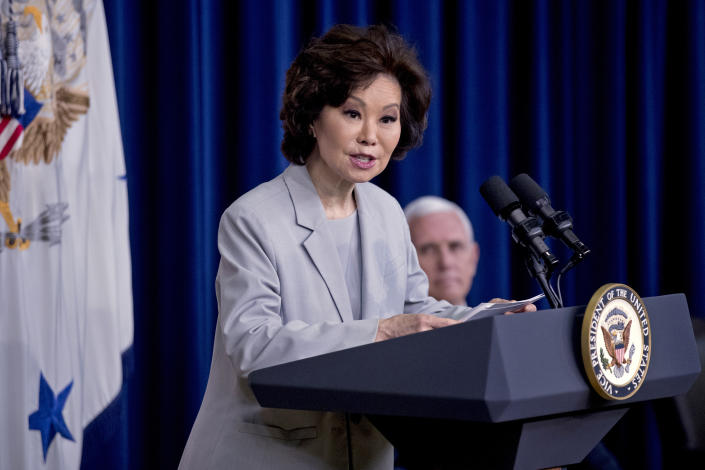 Elaine Chao speaks onstage at a podium (Andrew Harnik / AP file)