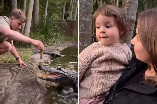 <p>Robert Irwin/Instagram</p> Robet Irwin feeds alligator (L), Grace Warrior watches with mom Bindi Irwin (R)