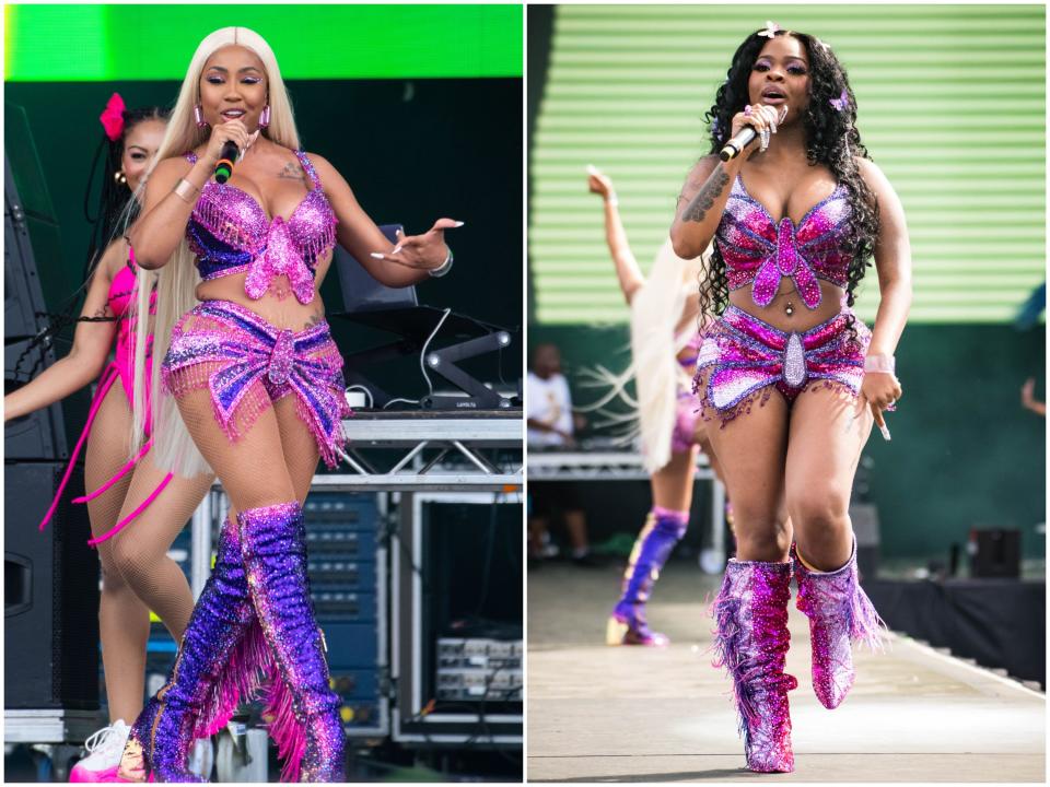 Yung Miami and JT of the City Girls perform at Wireless Festival in pink butterfly outfits