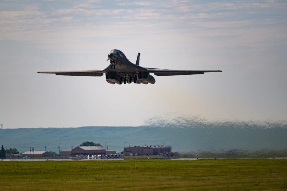 A B-1B Lancer attached to the 34th Bomb Squadron at Ellsworth Air Force Base, South Dakota, departs for a Red Flag combat training exercise at Nellis Air Force Base, Nevada, on July 13, 2023.