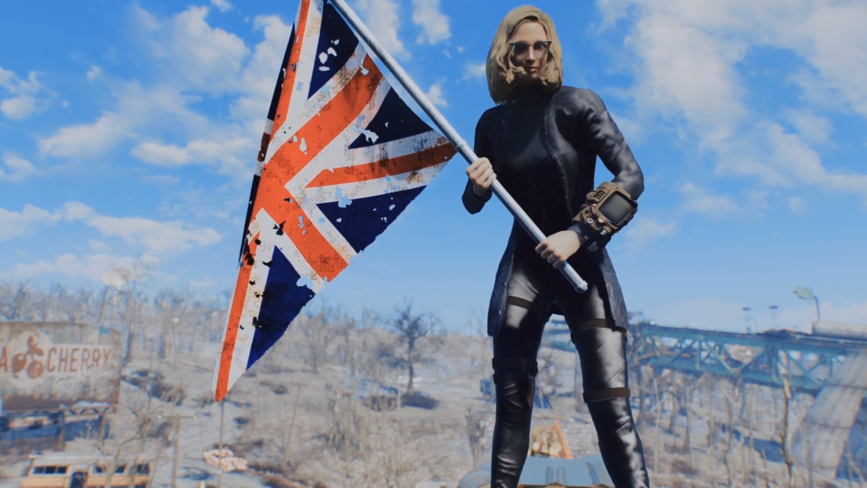  A character waves a British flag in the Wasteland in Fallout: London. 
