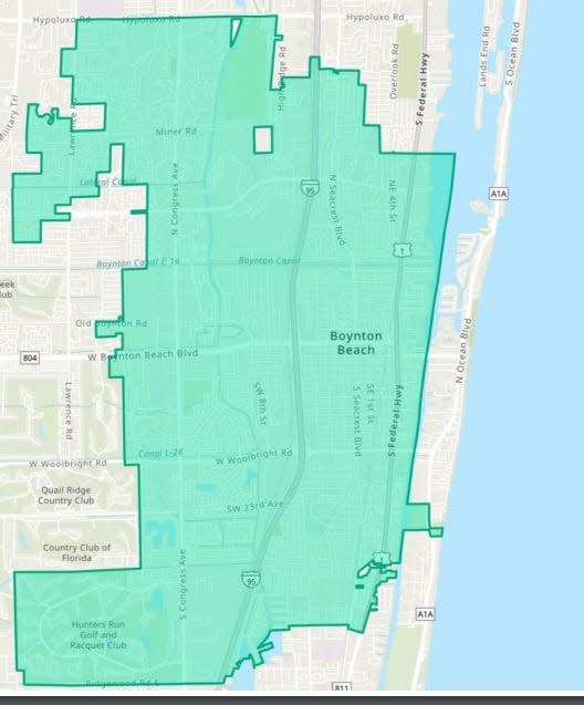 Map shows current boundary of Boynton Beach. Much of the western boundary ends at Congress Avenue.