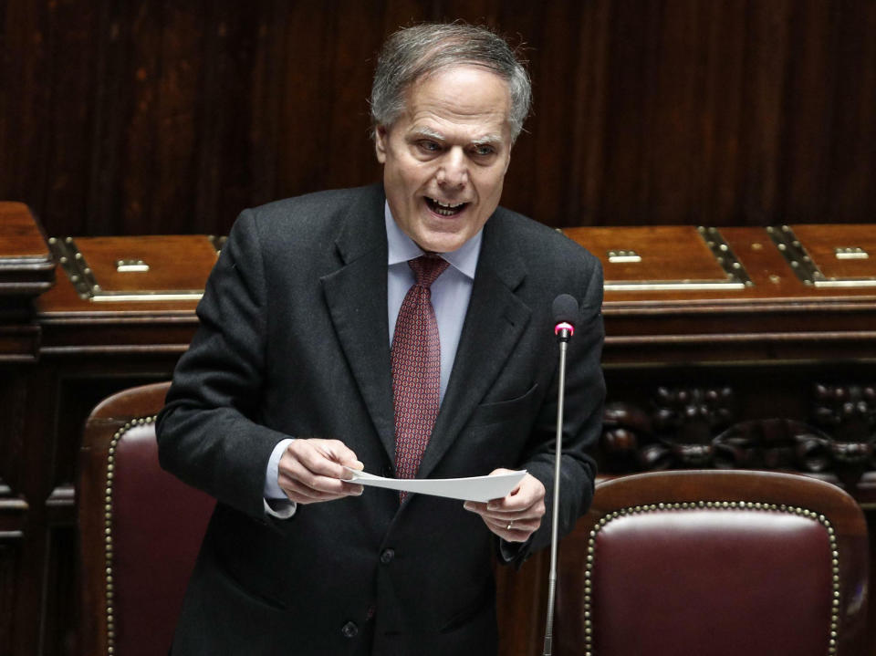 Italian Foreign Minister Enzo Moavero Milanesi delivers his speech at the parliament in Rome, Tuesday, Feb. 12, 2019. Italy’s populist government wants elections soon in Venezuela but hasn’t joined EU allies in recognizing Juan Guaido as interim president. Foreign Minister Enzo Moavero Milanesi told lawmakers Tuesday the Venezuelan vote that elected Nicolas Maduro wasn’t democratic. He said Italy is calling for “new democratic presidential elections soon” for Venezuela. (Giuseppe Lami/ANSA via AP)