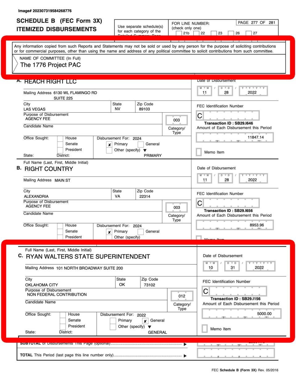 The 1776 Project PAC reported donating $5,000 to Ryan Walters' campaign.