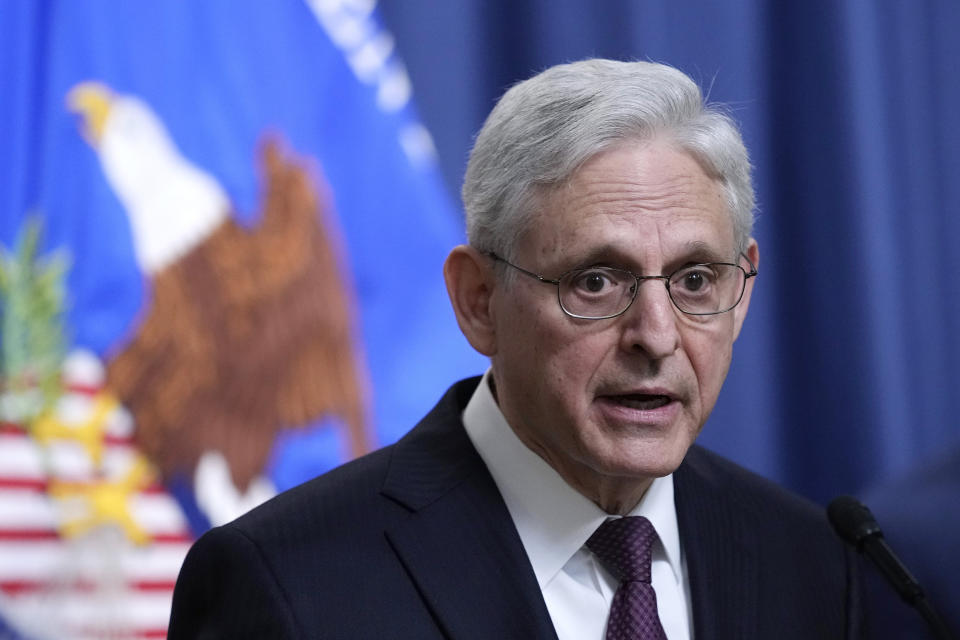 Attorney General Merrick Garland speaks during a news conference at the Justice Department in Washington, Friday, April 14, 2023, after he was asked a question about leaked documents. (AP Photo/Susan Walsh)