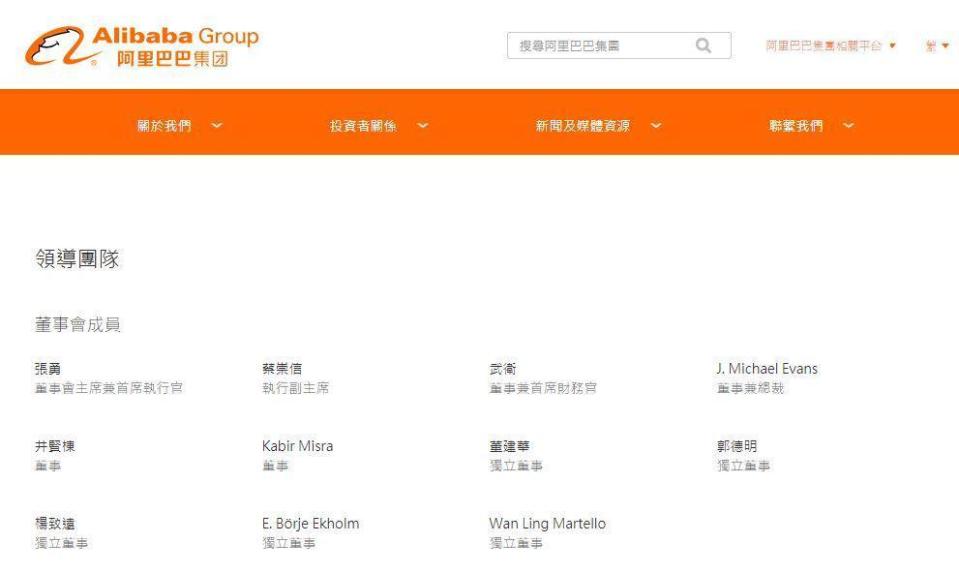 阿里巴巴集團官網「領導團隊」名單移除馬雲。（翻攝自阿里巴巴集團官網）