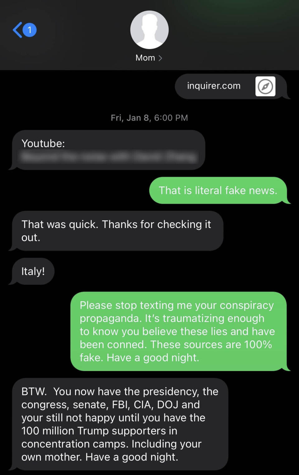 In a text message conversation with his mother, Daniel tells her that he's traumatized by her conspiracy beliefs. (Photo: Courtesy of Daniel)