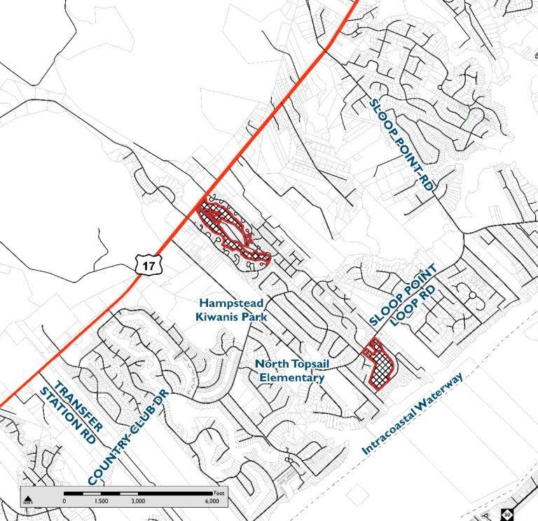 A map shows the vicinity of a request related to changes for the WyndWater development in eastern Pender County.
