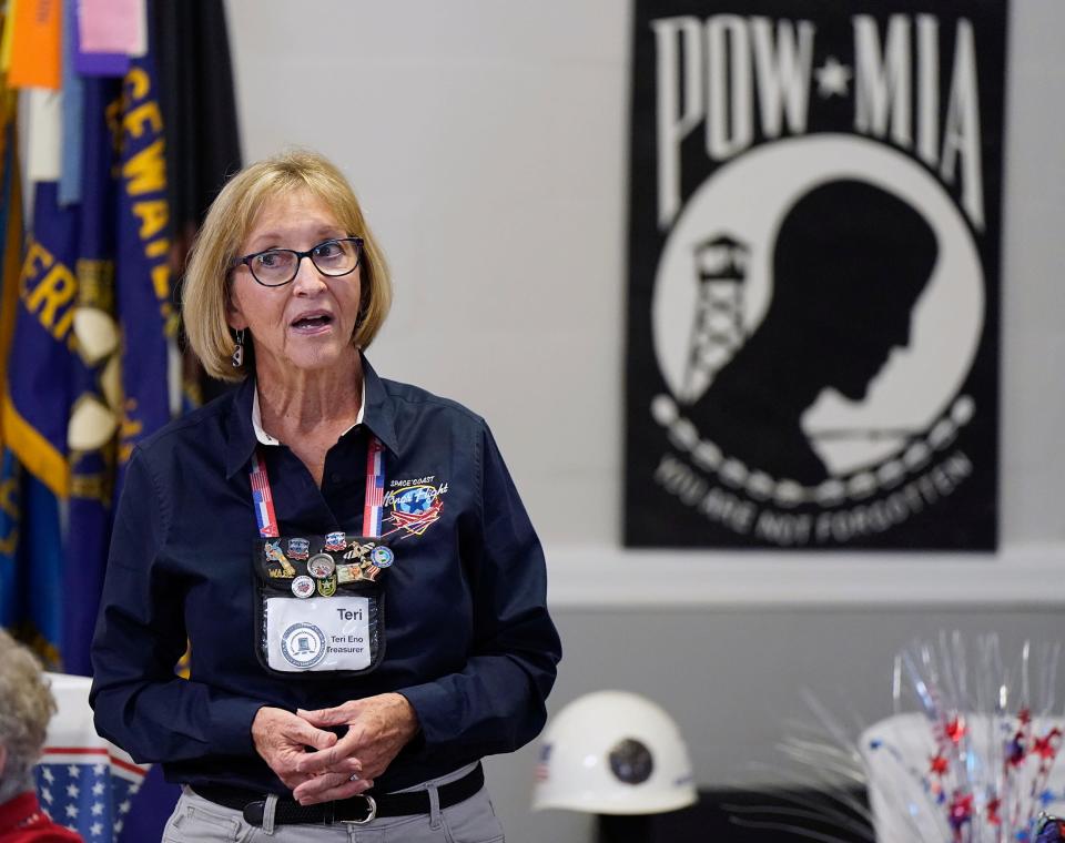 Teri Eno with Space Honor Flight speaks during an event to honor female veterans at American Legion Post 285 in Edgewater, Saturday, Nov. 4, 2023.