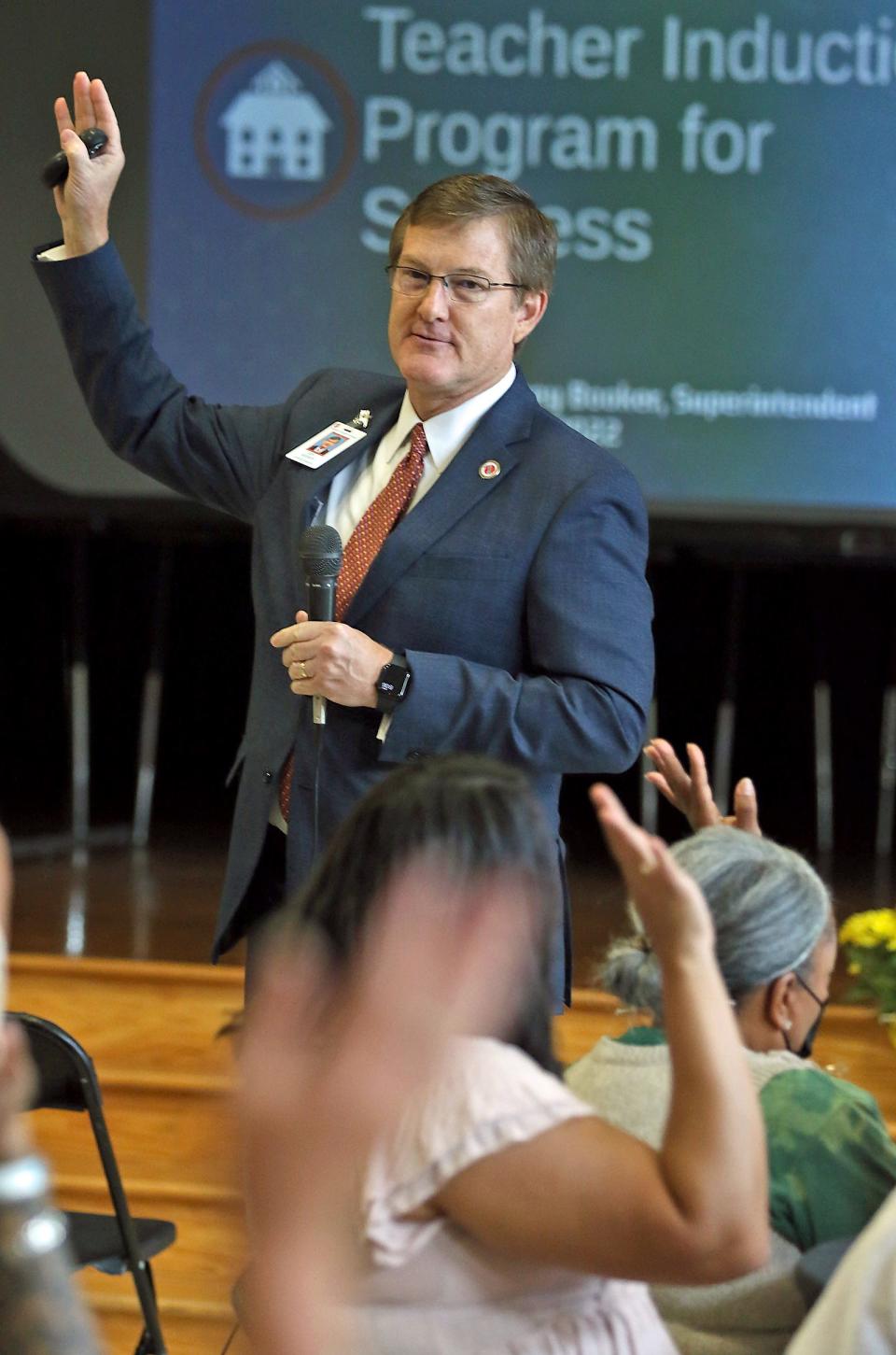 Superintendent of Gaston County Schools Dr. Jeffrey Booker talks to new school employees during the GBA New Teacher Appreciation Breakfast held Monday morning, August 1, 2022, at Sadler Elementary School.