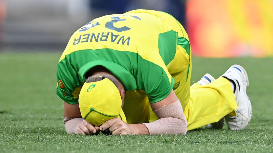 Seen here, David Warner lies on his haunches in agony after picking up a groin injury.