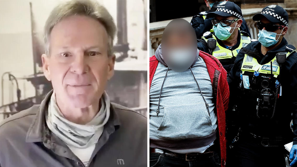 A 50-50 split image shows Sam Newman on the left and Victoria Police arresting an anti-lockdown protestor on the right.