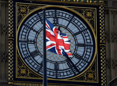 FILE PHOTO: A Union Flag flies in front of the Big Ben clock face abover the Houses of Parliament in central London, Britain April 18, 2017. REUTERS/Toby Melville/File Photo