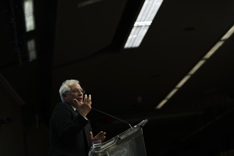 European Union foreign policy chief Josep Borrell talks to journalists during a news conference after an European Foreign Affairs meeting at the Europa building in Brussels, Monday, Jan. 20, 2020. (AP Photo/Francisco Seco)