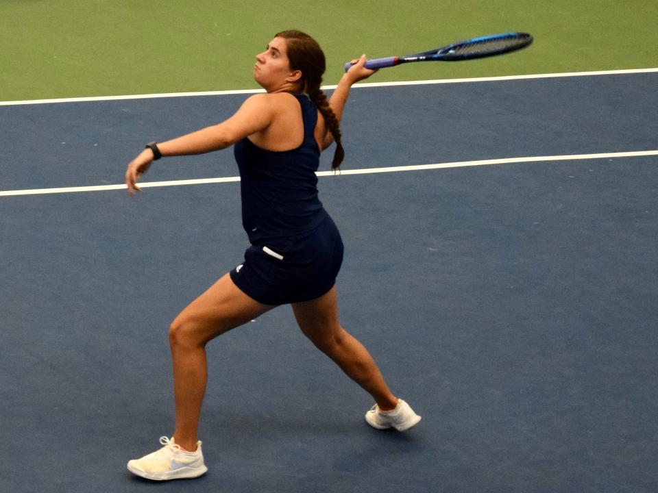 Bedford North Lawrence junior Bella Stigall prepares to hit the ball during her No. 1 doubles victory over Martinsville in sectional play. The Stars defeated the Artesians as a team. (Seth Tow/Herald-Times)