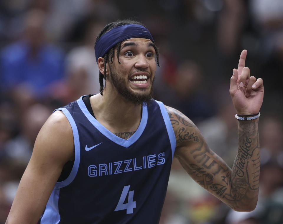 Memphis Grizzlies guard Timmy Allen plays against the Utah Jazz at the Delta Center in Salt Lake City on Thursday, July 6.