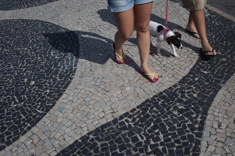 In this July 17, 2012 photo, a couple wearing Havaianas sandals walk their dog along Copacabana beach in Rio de Janeiro, Brazil. In Brazil, literally everyone wears Havaianas, the now world-famous brand of rubber and plastic flip-flops that's celebrating its 50th birthday this year. (AP Photo/Felipe Dana)