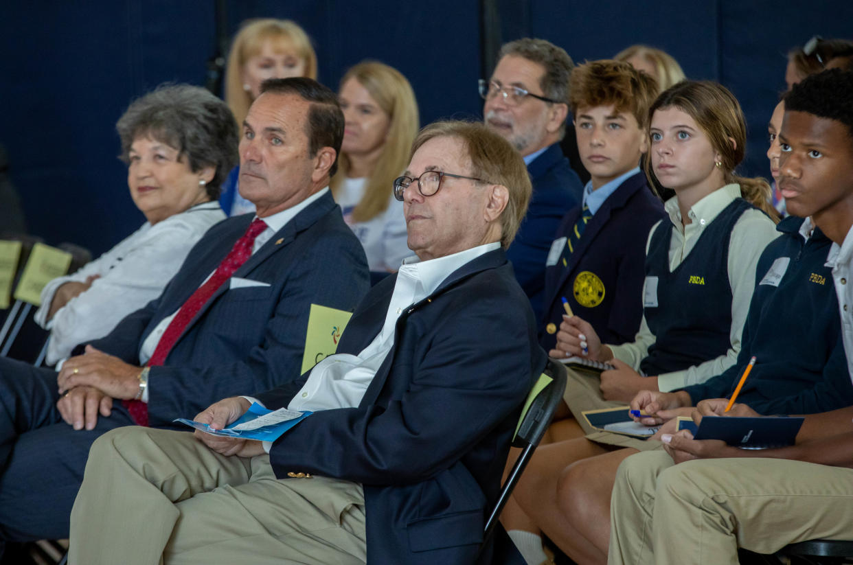 Candidates (front row from right) Democrat Blair Ciklin, Port of Palm Beach Commission, Group 4; Republican Rep. Mike Caruso, Florida House, District 87, and Democratic Congresswoman Lois Frankel 22nd Congressional District seat, prepare to take part in a candidates' forum hosted by The Palm Beach Civic Association at the Morton and Barbara Mandel Recreation Center on Tuesday.