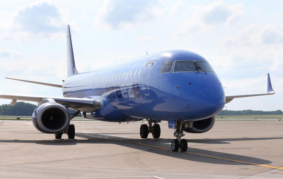 The first flight into the Akron-Canton Airport by Breeze Airways arrives in Green on Saturday, June 26, 2021.