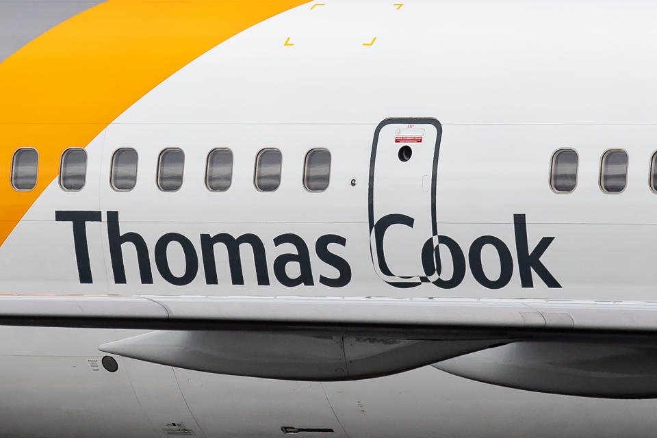 25 September 2019, North Rhine-Westphalia, Duesseldorf: An aircraft of the airline Thomas Cook takes off from Düsseldorf Airport. The holiday airline Condor, a subsidiary of the insolvent British travel group Thomas Cook, had received the promise on Tuesday evening of a state bridging loan of 380 million euros. Photo: Marcel Kusch/dpa (Photo by Marcel Kusch/picture alliance via Getty Images)