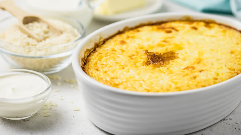 dish of rice pudding with ingredients laid out