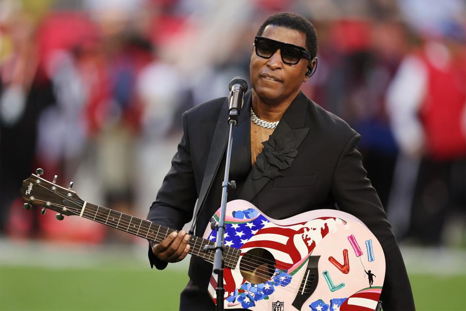 GLENDALE, ARIZONA - FEBRUARY 12: Babyface performs "America the Beautiful" before Super Bowl LVII between the Kansas City Chiefs and the Philadelphia Eagles at State Farm Stadium on February 12, 2023 in Glendale, Arizona. (Photo by Gregory Shamus/Getty Images)