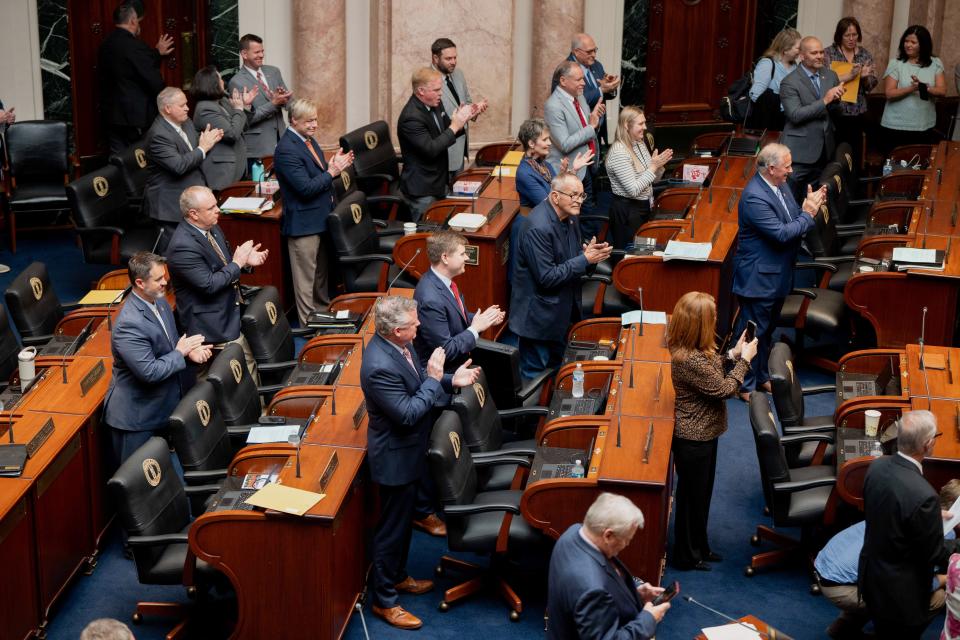 The House of Representatives applaud Tymber Garrett, 10, after her performance of ‘My Old Kentucky Home’ during their last day of session on Monday, April 15, 2024.