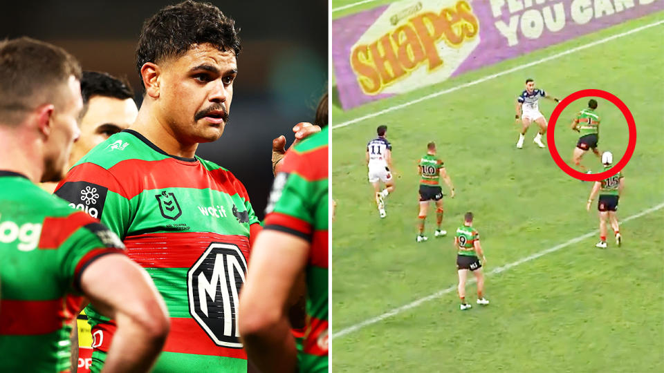 Latrell Mitchell in azione per i Rabbitohs contro i Cowboys.