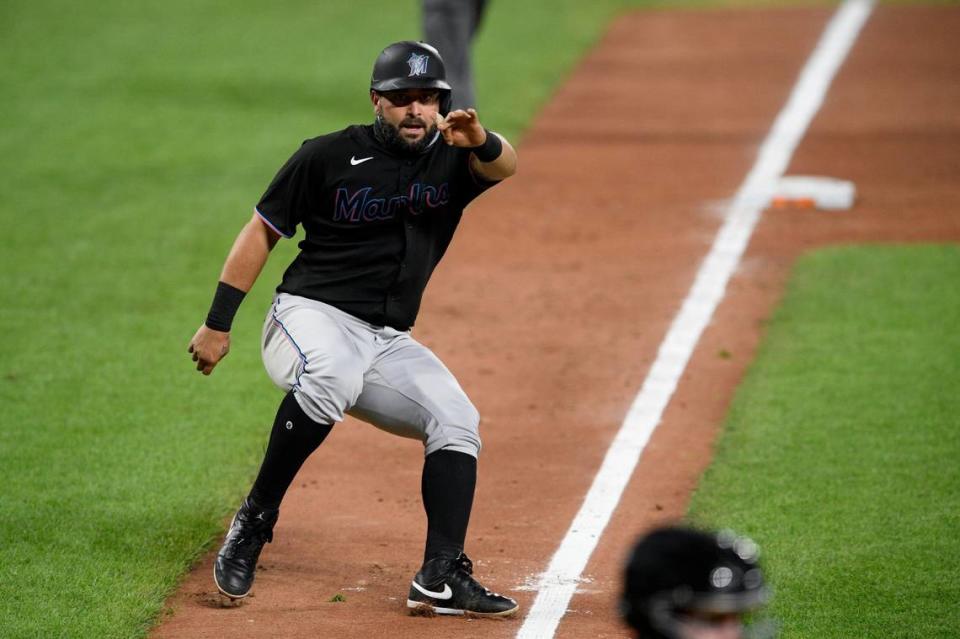 Miami Marlins’ Francisco Cervelli runs on the field during a baseball game against the Baltimore Orioles, Thursday, August 6, 2020, in Baltimore.