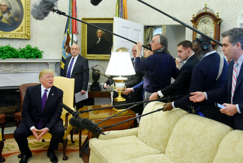 <em>Donald Trump ordered CNN reporter Jim Acosta (far right) out of the Oval Office (Rex)</em>