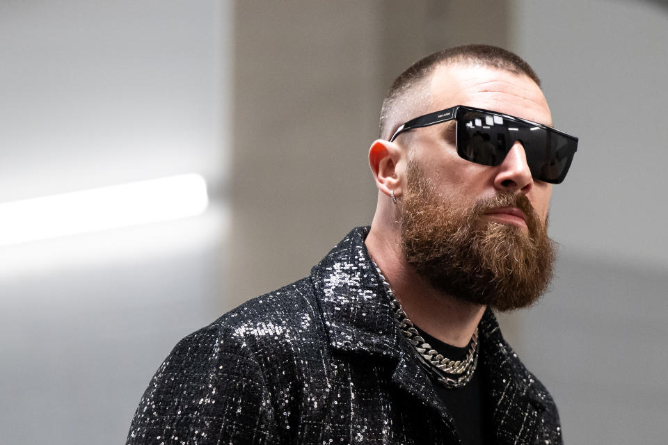 Tight end Travis Kelce #87 of the Kansas City Chiefs arrives prior to Super Bowl LVIII against the San Francisco 49ers .