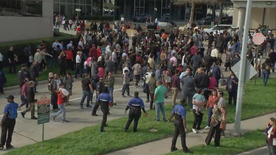 PHOTO: People leave the scene as officers are responding to reports of a shooting at pastor Joel Osteen's Lakewood Church in Houston, according to Houston police. (KTRK)