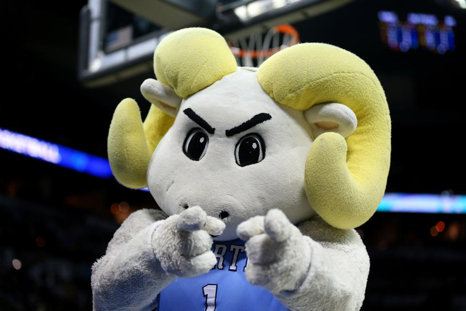 SAN ANTONIO, TX - MARCH 21: The North Carolina Tar Heels mascot performs during a timeout of the Tar Heels and Providence Friars game during the second round of the 2014 NCAA Men's Basketball Tournament at AT&T Center on March 21, 2014 in San Antonio, Texas.  (Photo by Ronald Martinez/Getty Images)