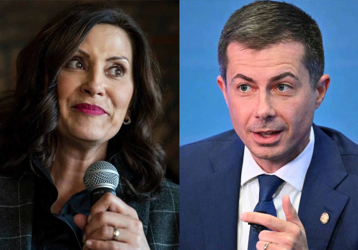 A composite photo of Gretchen Whitmer and Pete Buttigieg.