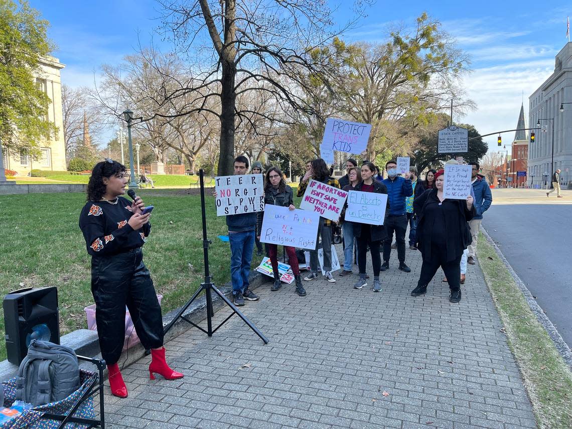 Simran Singh Jain, a Durham-based abortion rights activist and doula, speaks during a rally held by Triangle Democratic Socialists of America at the State Capitol in Raleigh N.C. on Wednesday, Jan. 11, 2023.