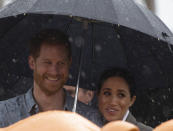 Britain's Prince Harry and Meghan, Duchess of Sussex attend a community picnic at Victoria Park in Dubbo, Australia, Wednesday, Oct. 17, 2018. Prince Harry and his wife Meghan are on day two of their 16-day tour of Australia and the South Pacific. (Ian Vogler/Pool via AP)