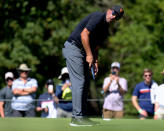 Phil Mickelson watches his putt on the 16th hole during the second round of the Portland Invitational LIV Golf tournament in North Plains, Ore., Friday, July 1, 2022. (AP Photo/Steve Dipaola)