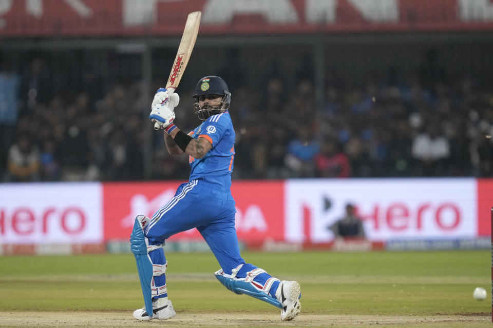 India's Virat Kohli plays a shot during the second T20 cricket match between India and Afghanistan in Indore, India, Sunday, Jan. 14, 2024. (AP Photo/ Rajanish Kakade)